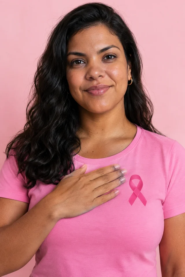 Mulher sorrindo com a mão no peito e laço rosa na camiseta