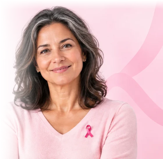 Mulher sorrindo com laço rosa na roupa, símbolo do Outubro Rosa