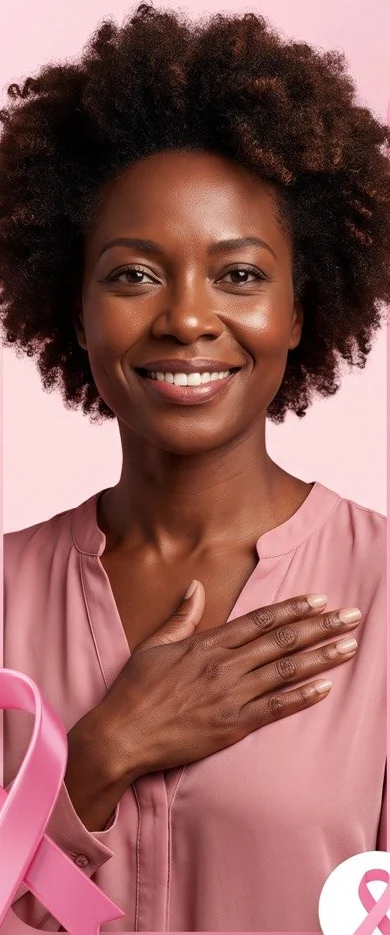 Mulher sorrindo com a mão no peito